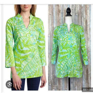 Lillly Pulitzer Tunic Ciara Leaf Print Green Blue Cotton Size M